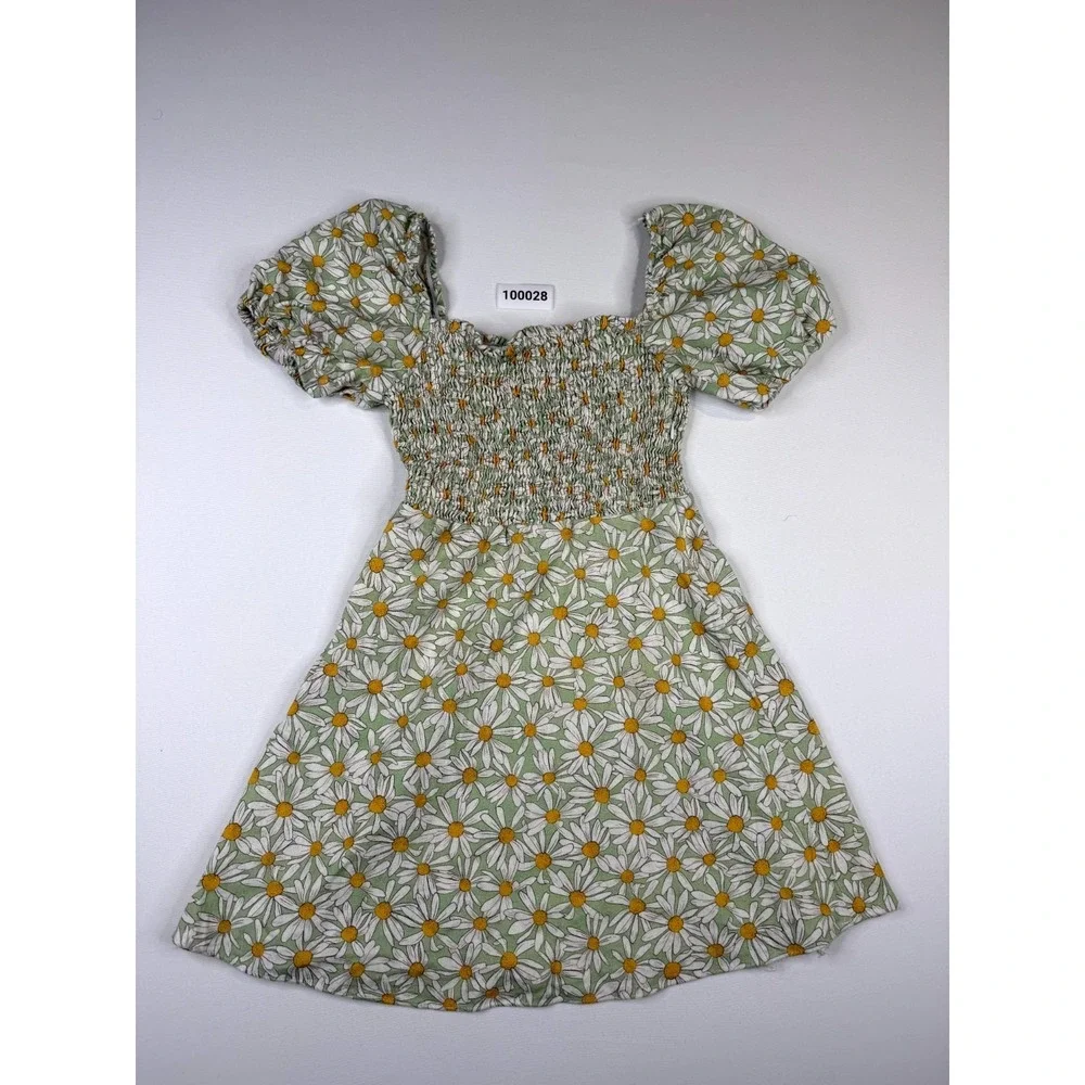 Zara Fit & Flare Mini Dress Womens XS Green Daisy Floral Smocked Puff Sleeve‎
